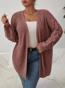 SHEIN LUNE Plus Pearls Beaded Drop Shoulder Duster Cardigan, For Winter