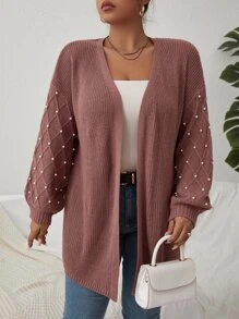 SHEIN LUNE Plus Pearls Beaded Drop Shoulder Duster Cardigan, For Winter