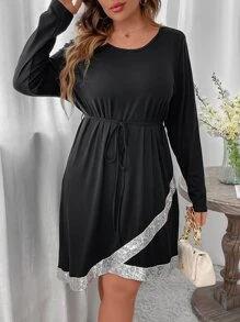 SHEIN Clasi Plus Contrast Sequin Wrap Hem Belted Dress - Black - View 3
