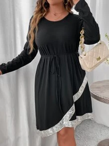 SHEIN Clasi Plus Contrast Sequin Wrap Hem Belted Dress - Black - View 4