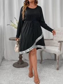 SHEIN Clasi Plus Contrast Sequin Wrap Hem Belted Dress - Black - View 5