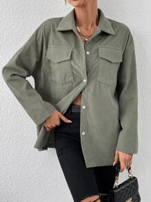 SHEIN EZwear 翻蓋口袋落肩袖燈芯絨襯衫