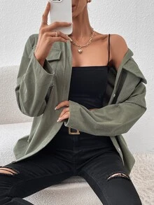 SHEIN EZwear 翻蓋口袋落肩袖燈芯絨襯衫