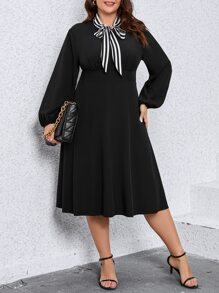 SHEIN Clasi Vestido panel de rayas de cuello con cordón de manga farol - Negro - Ver 1