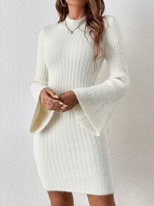 SHEIN Frenchy Ladies áo len váy Gân đan màu trơn Thanh lịch - Màu be - Xem 3