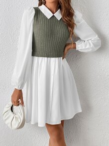 SHEIN Essnce Two Tone Button Front Lantern Sleeve 2 In 1 Dress - Army Green - View 1