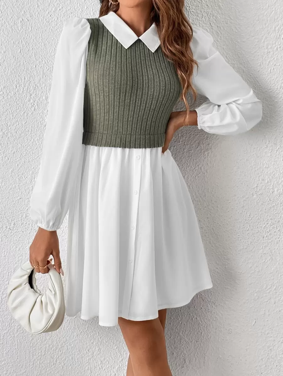 SHEIN Essnce 雙色前紐扣燈籠袖假兩件連衣裙 - 軍綠色 - 查看 1