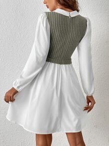 SHEIN Essnce Two Tone Button Front Lantern Sleeve 2 In 1 Dress - Army Green - View 2