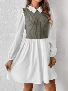 SHEIN Essnce Two Tone Button Front Lantern Sleeve 2 In 1 Dress - Army Green - View 5