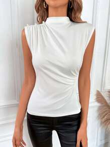 SHEIN Privé 小高領褶邊梨細節背心上衣 - 白色 - 查看 4