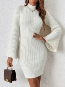 SHEIN Frenchy Ladies áo len váy Gân đan màu trơn Thanh lịch - Màu be - Xem 6