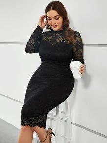 SHEIN Privé Plus Mock Neck Lace Bodycon Dress - Black - View 6