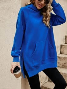 SHEIN LUNE 秋冬插肩袖开衩连帽衫 - 寶藍色 - 查看 3