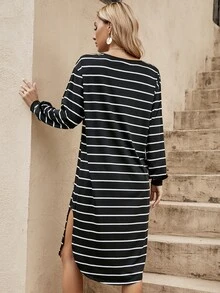 SHEIN LUNE Vestido estilo camiseta de hombros caídos con estampado de rayas - Negro - Ver 2