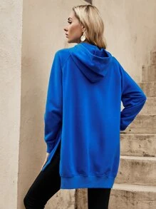 SHEIN LUNE 秋冬插肩袖开衩连帽衫 - 寶藍色 - 查看 2