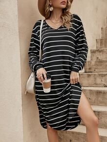 SHEIN LUNE Vestido estilo camiseta de hombros caídos con estampado de rayas - Negro - Ver 3