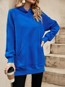 SHEIN LUNE 秋冬插肩袖开衩连帽衫 - 寶藍色 - 查看 5