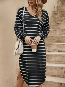 SHEIN LUNE Vestido estilo camiseta de hombros caídos con estampado de rayas - Negro - Ver 5