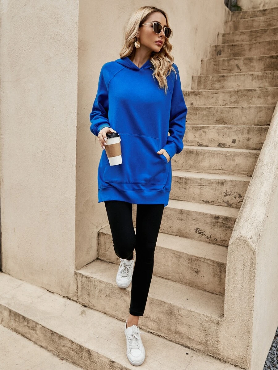 SHEIN LUNE 秋冬插肩袖开衩连帽衫 - 寶藍色 - 查看 1