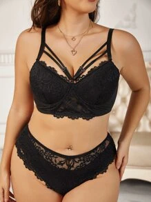大碼花卉蕾絲鋼圈內衣套裝 - 黑色 - 查看 4