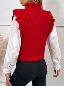 SHEIN Essnce Turtleneck Cable Knit Ruffle Trim Sweater Vest Without Blouse - Red - View 2