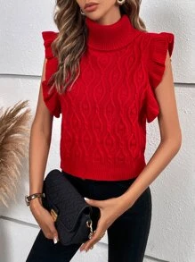 SHEIN Essnce Turtleneck Cable Knit Ruffle Trim Sweater Vest Without Blouse - Red - View 6