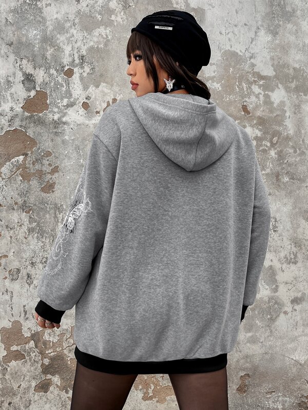 ROMWE PUNK Plus Butterfly Print Zip Up Drop Shoulder Hoodie SHEIN USA