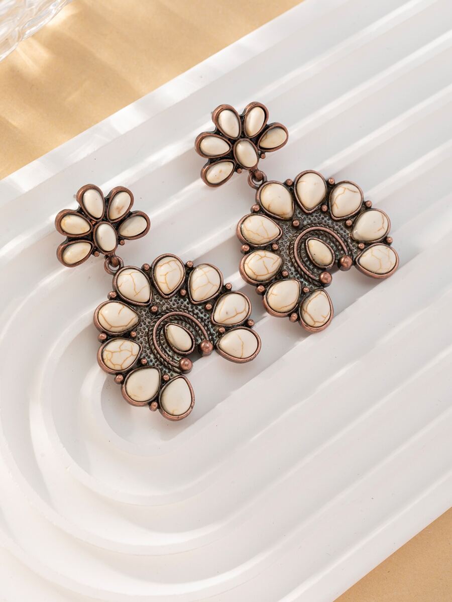 1雙女士復古時尚波西米亞風風格黑暗和燈綠松石色黑色和白色耳環 - 彩色 - 查看 1