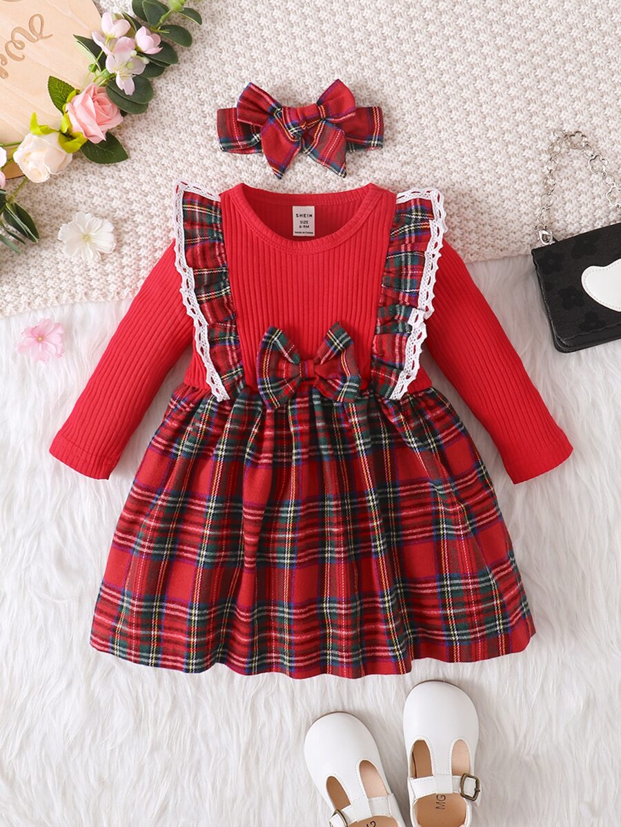 SHEIN Baby Girl Tartan Ruffle Trim Bow Front Dress & Headband For Christmas - Red - View 1