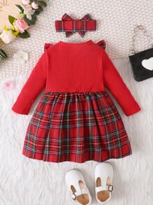 SHEIN Baby Girl Tartan Ruffle Trim Bow Front Dress & Headband For Christmas - Red - View 2