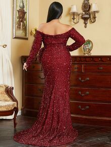 seomiscky Plus Off Shoulder Bow Front Split Thigh Sequin Formal Dress - Burgundy - View 2
