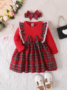 SHEIN Baby Girl Tartan Ruffle Trim Bow Front Dress & Headband For Christmas - Red - View 3