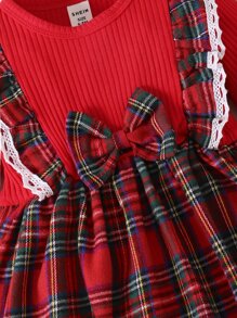 SHEIN Baby Girl Tartan Ruffle Trim Bow Front Dress & Headband For Christmas - Red - View 4