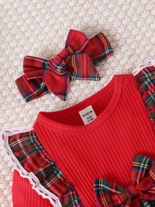 SHEIN Baby Girl Tartan Ruffle Trim Bow Front Dress & Headband For Christmas - Red - View 5