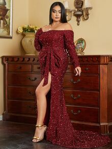 seomiscky Plus Off Shoulder Bow Front Split Thigh Sequin Formal Dress - Burgundy - View 4