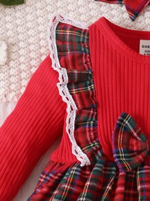 SHEIN Baby Girl Tartan Ruffle Trim Bow Front Dress & Headband For Christmas - Red - View 6
