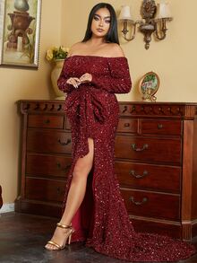 seomiscky Plus Off Shoulder Bow Front Split Thigh Sequin Formal Dress - Burgundy - View 5