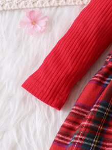 SHEIN Baby Girl Tartan Ruffle Trim Bow Front Dress & Headband For Christmas - Red - View 7