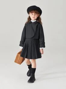 青少女校園風套裝，厚羊毛披肩外套和A字裙，2件套 - 黑色 - 查看 1