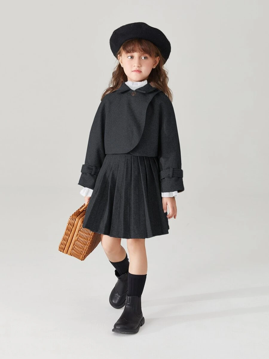 青少女校園風套裝，厚羊毛披肩外套和A字裙，2件套 - 黑色 - 查看 1