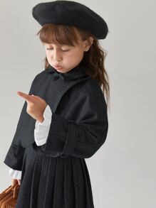 青少女校園風套裝，厚羊毛披肩外套和A字裙，2件套 - 黑色 - 查看 3