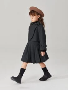 青少女校園風套裝，厚羊毛披肩外套和A字裙，2件套 - 黑色 - 查看 4