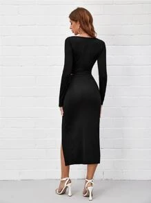 SHEIN Privé Contrast Lace Ruched Crop Top & Split Thigh Skirt - Black - View 2