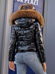 ZIAI 女士休闲纯色亮面冬季外套，新款时尚系带修身加厚外套，女士短款羽绒服，带人造毛领，时尚假日之选 - 黑色 - 查看 3