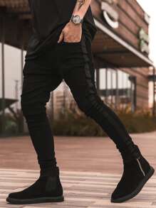 ROMWE MEN Street Life Men Cotton Contrast Side Seam Skinny Jeans, School - Black - View 1