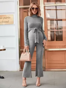 SHEIN Maternidad Set Pantalones con camiseta unicolor de cuello cisne - Gris - Ver 1