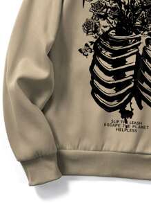 ROMWE MEN Guys Skeleton Print Raglan Sleeve Hoodie - Apricot - View 5