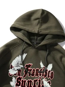 ROMWE MEN Guys Letter Pigeon Graphic Kangaroo Pocket Drawstring Hoodie - Army Green - View 4