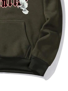 ROMWE MEN Guys Letter Pigeon Graphic Kangaroo Pocket Drawstring Hoodie - Army Green - View 5
