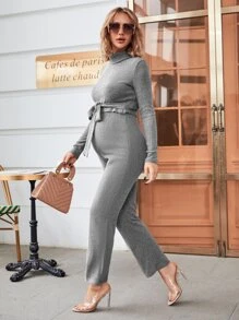 SHEIN Maternidad Set Pantalones con camiseta unicolor de cuello cisne - Gris - Ver 3